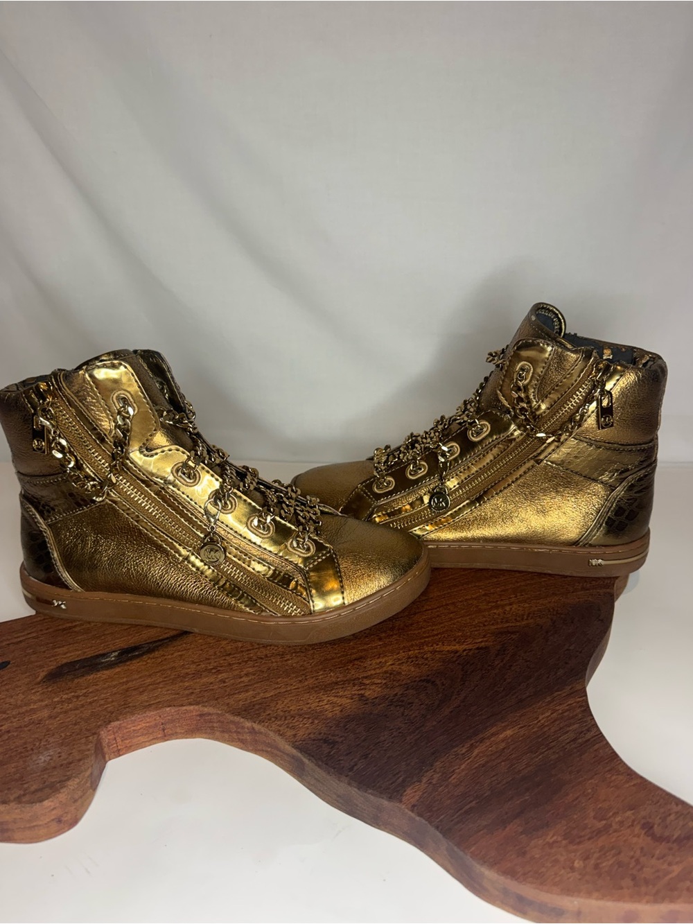 Michael Kors Gold Metallic High Top Sneakers Chain Zip Women’s Size 6